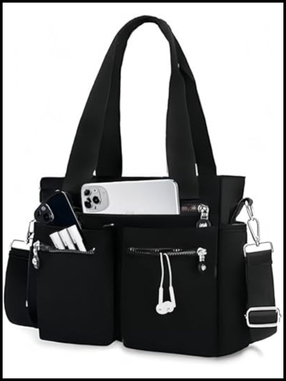 Water-Repellent Nylon Tote Bag with Multiple Pockets for Work Travel